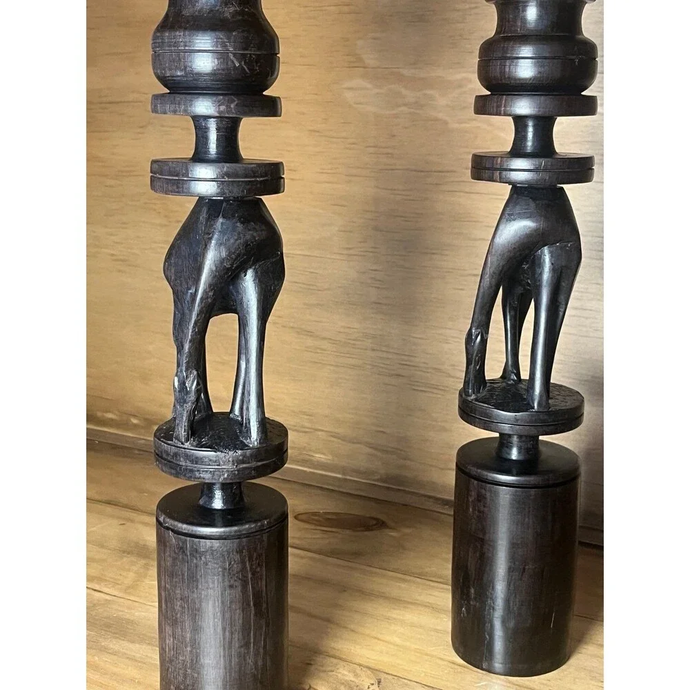 Vintage Wood Giraffe Candlesticks Set Boho Safari Decor Dark Wood Candle Holders